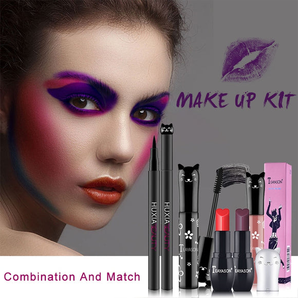 Beauty Makeup Sets Cat Style Long Lasting Matte Lipstick Moisture Lip Gloss Long Thick Black Mascara Eyeliner Cosmetics