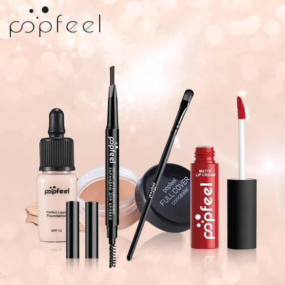 POPFEEL 5 Pcs Face Makeup Set Concealer Hide Blemish+24 Hours Lasting Foundation Base+Matte Lipgloss+Eyebrow Pencil+Brush Makeup