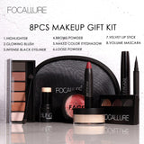 Focallure 8 pcs/set Makeup set including  Lipstick, eyeliner,Mascara, Eyeshadow, Eyebrow Powder makeup kit women Cosmetics bag